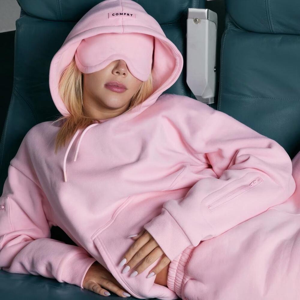 Comfrt Airplane Mode Set - Pink Hoodie, Sweatpants, and Eye Mask - Size XL